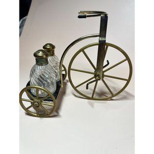 Vintage Swirl Pattern Glass Salt and Pepper Set on Fun Metal Tricycle Caddy